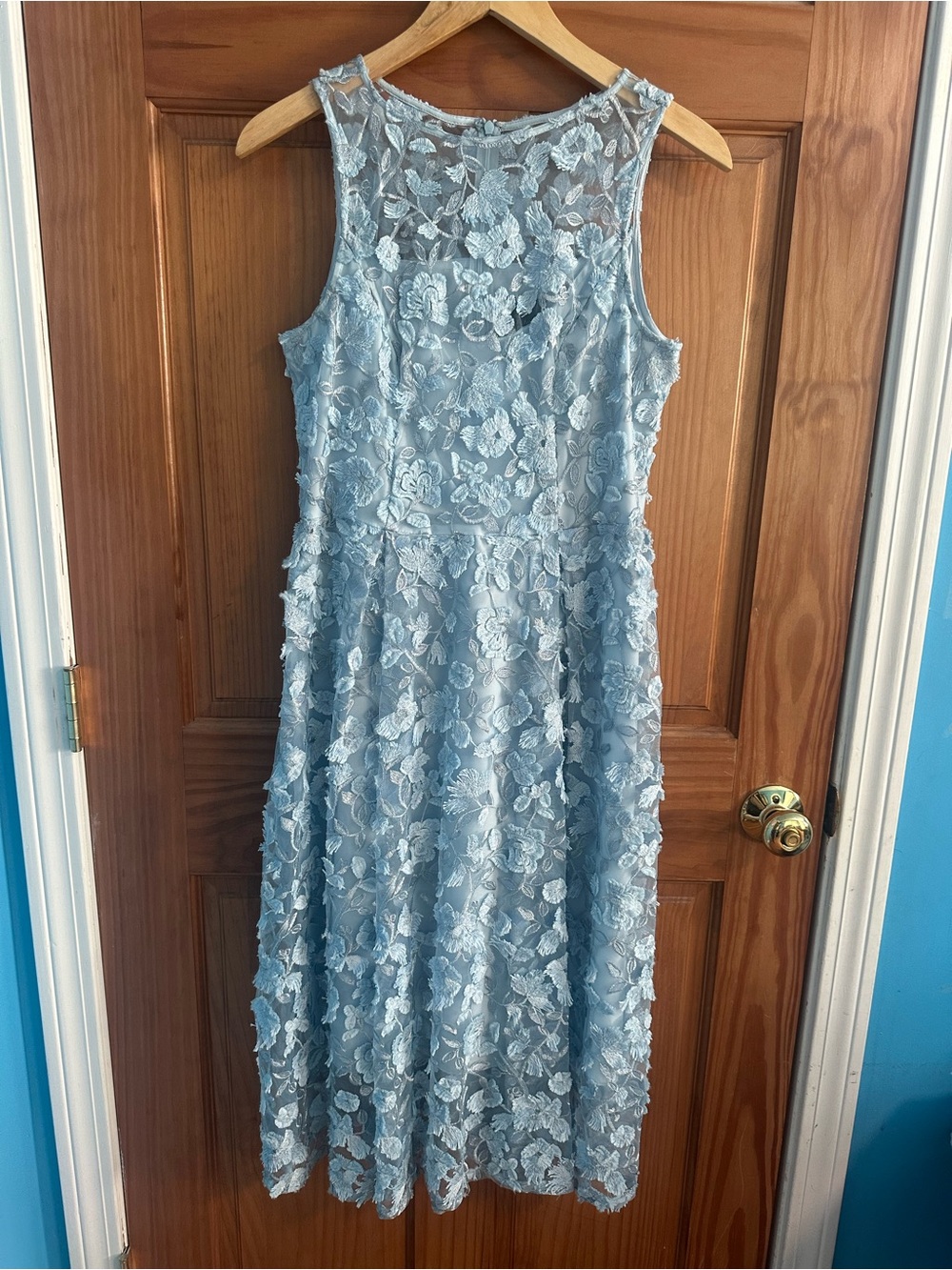 Adrianna Papell Light Blue Floral Lace Midi Dress